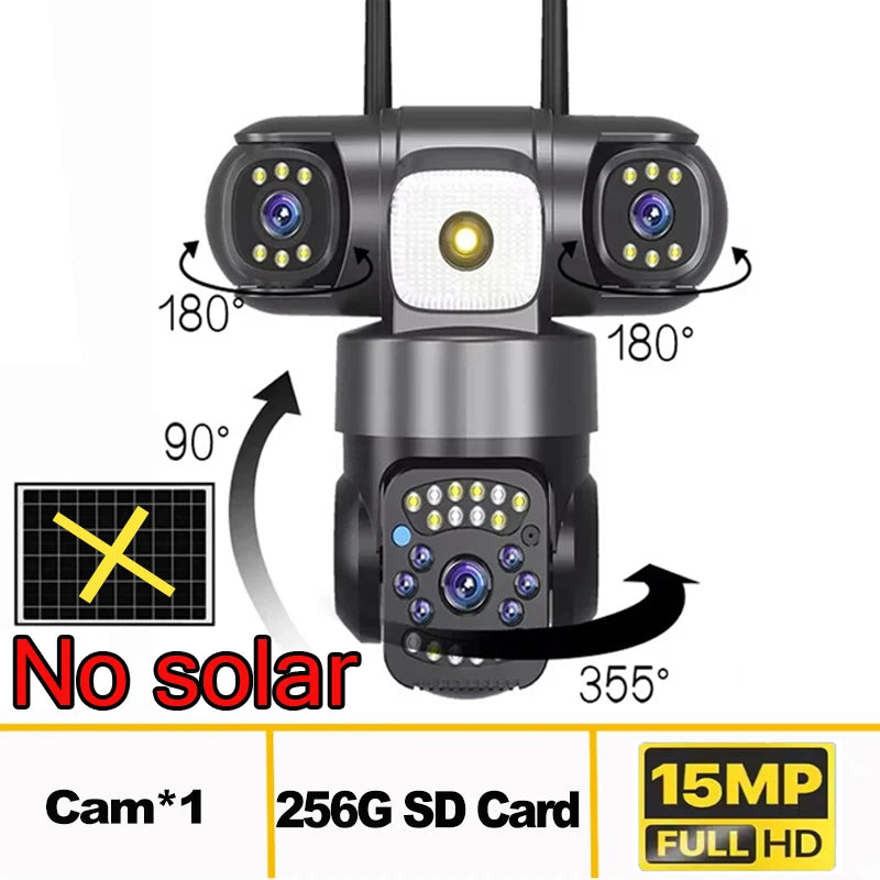 Telecamera IP WiFi Solare PTZ 15MP 3 Lenti Zoom 10X, Visione Notturna, PIR, Batteria 20000mAh Esterno Impermeabile
