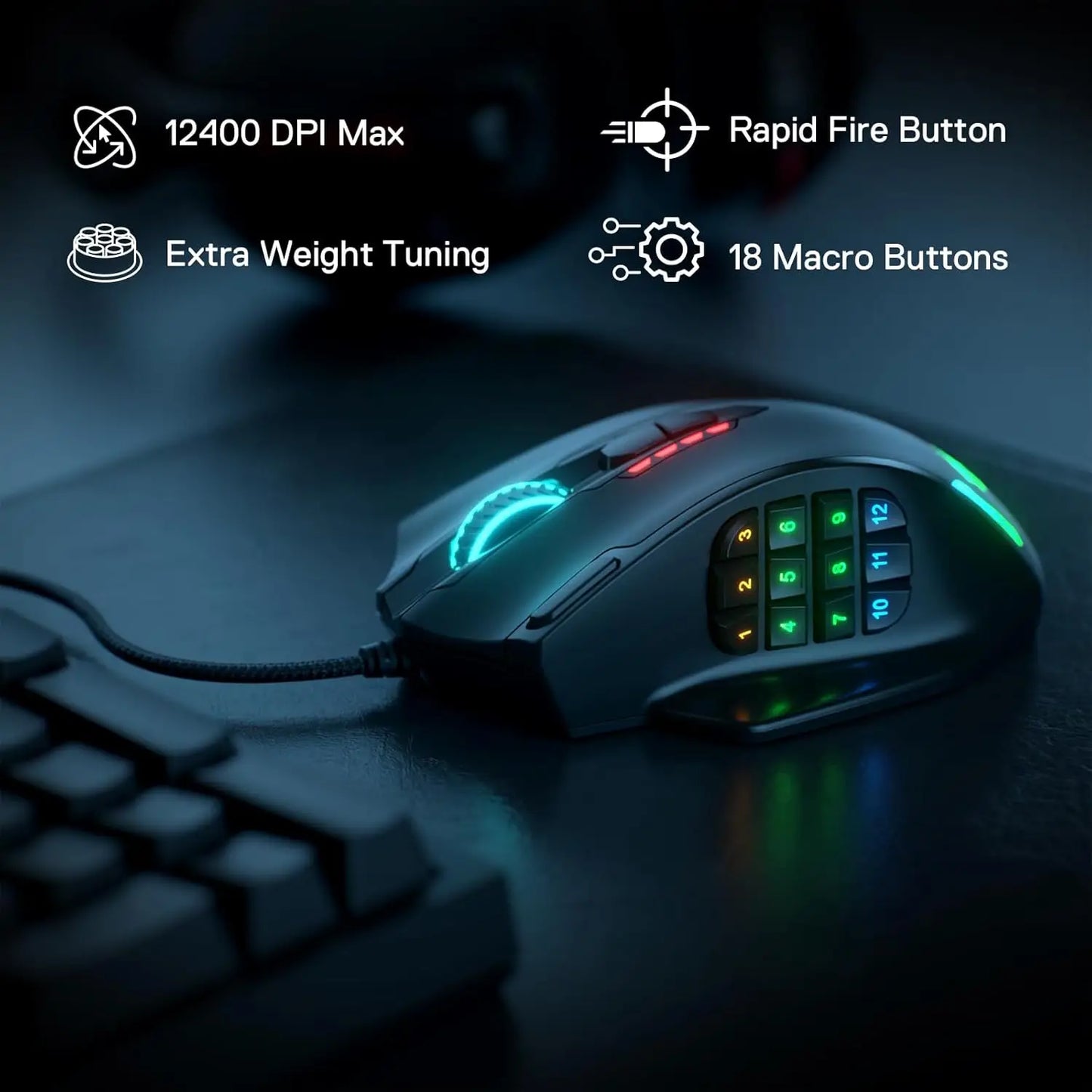 Mouse da Gioco Professionale - 18 Tasti Macro, 12400 DPI, Retroilluminazione RGB