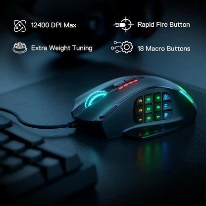 Mouse da Gioco Professionale - 18 Tasti Macro, 12400 DPI, Retroilluminazione RGB