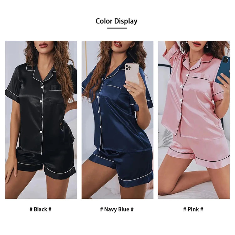 Pigiama Satin Donna - Top con Bottoni + Shorts - Set Notte Estat