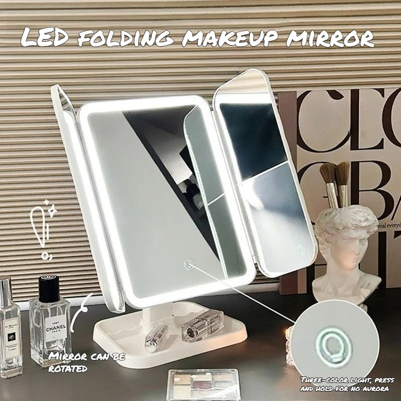 Specchio Trucco LED Triplo Portatile | Doppia Antina, Touch 3 Luci, Base 360° Rotante | Vanity Desktop