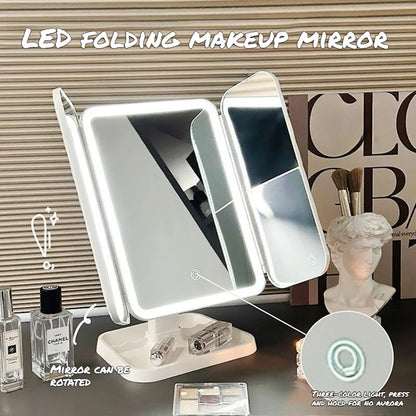 Specchio Trucco LED Triplo Portatile | Doppia Antina, Touch 3 Luci, Base 360° Rotante | Vanity Desktop