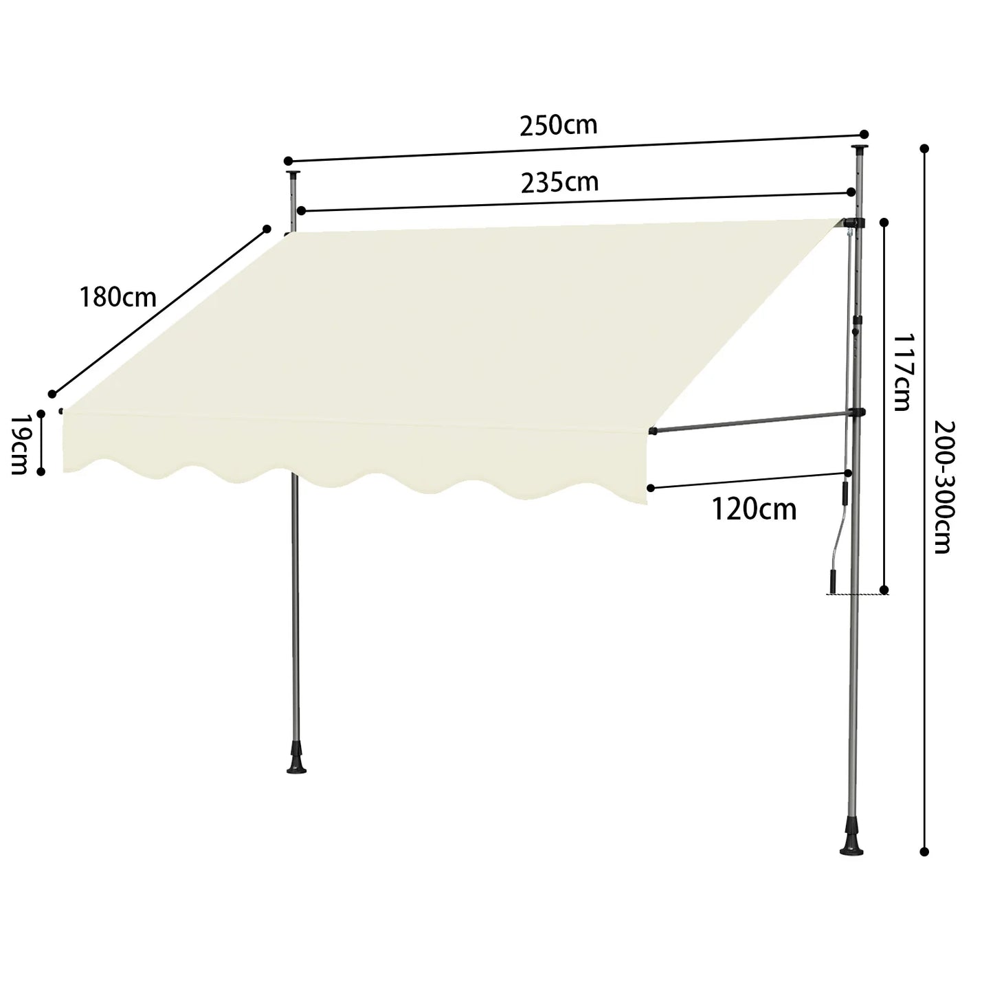 Tenda da Sole Manuale con Manovella 350x120 cm Retrattile, Altezza Regolabile 200-300cm Senza Foratura per Balcone, Giardino