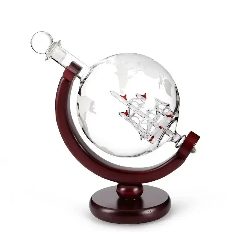 Set Decanter Globo 900ml + 2 Bicchieri Whisky - Supporto Legno, Senza Piombo