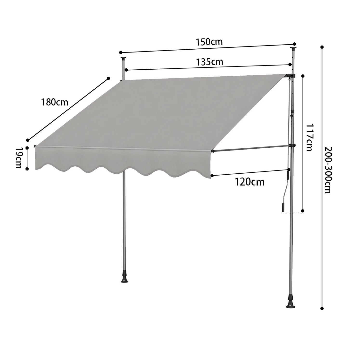 Tenda da Sole Manuale con Manovella 350x120 cm Retrattile, Altezza Regolabile 200-300cm Senza Foratura per Balcone, Giardino