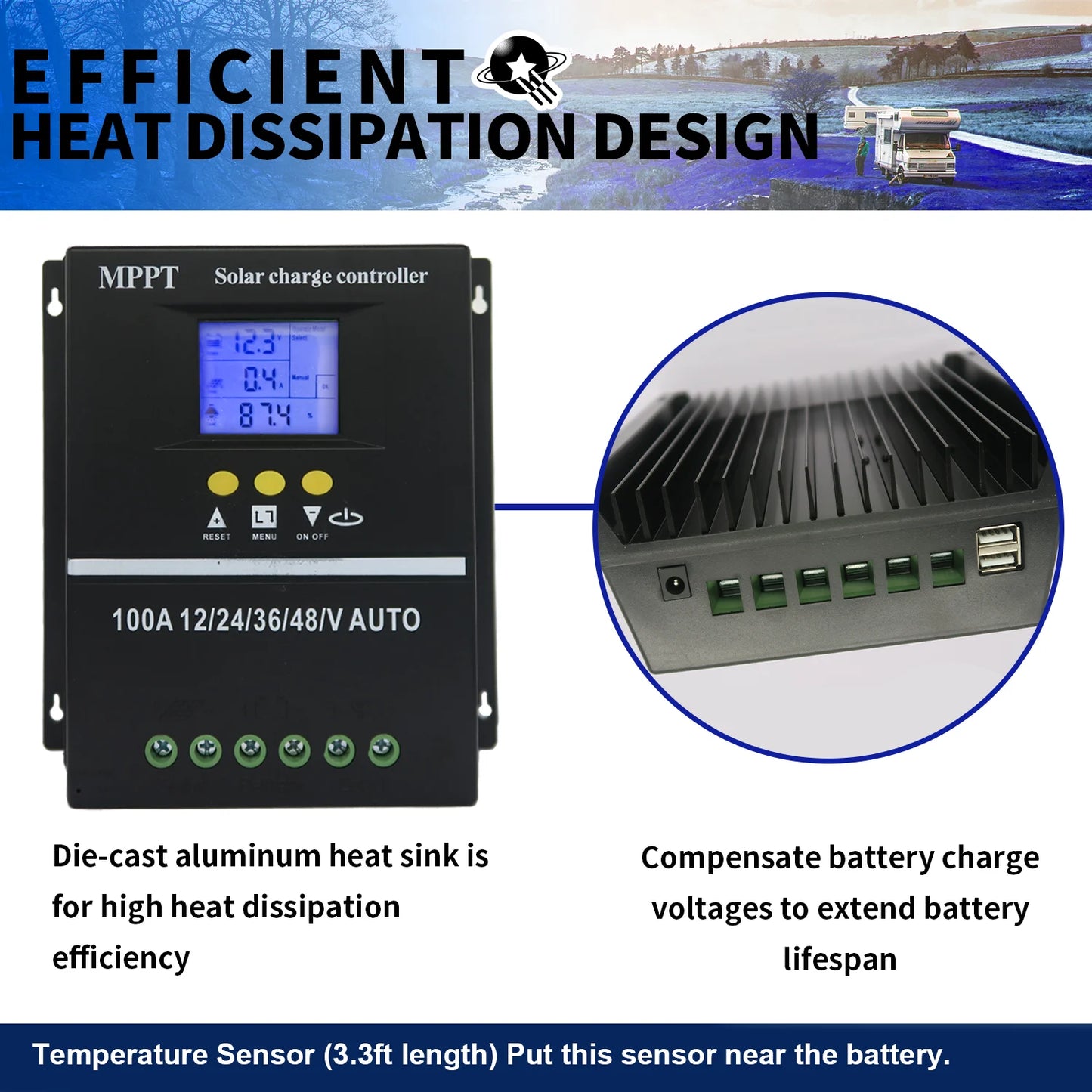 Regolatore Carica Solare MPPT 100A 12V/24V/36V/48V Doppia USB