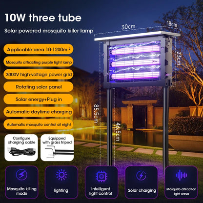 Lampada Antizanzare Solare 10W da Esterno Ad Alta Tensione, Impermeabile, Ampia Area Trappola per Insetti per Giardino, Patio, Cortile