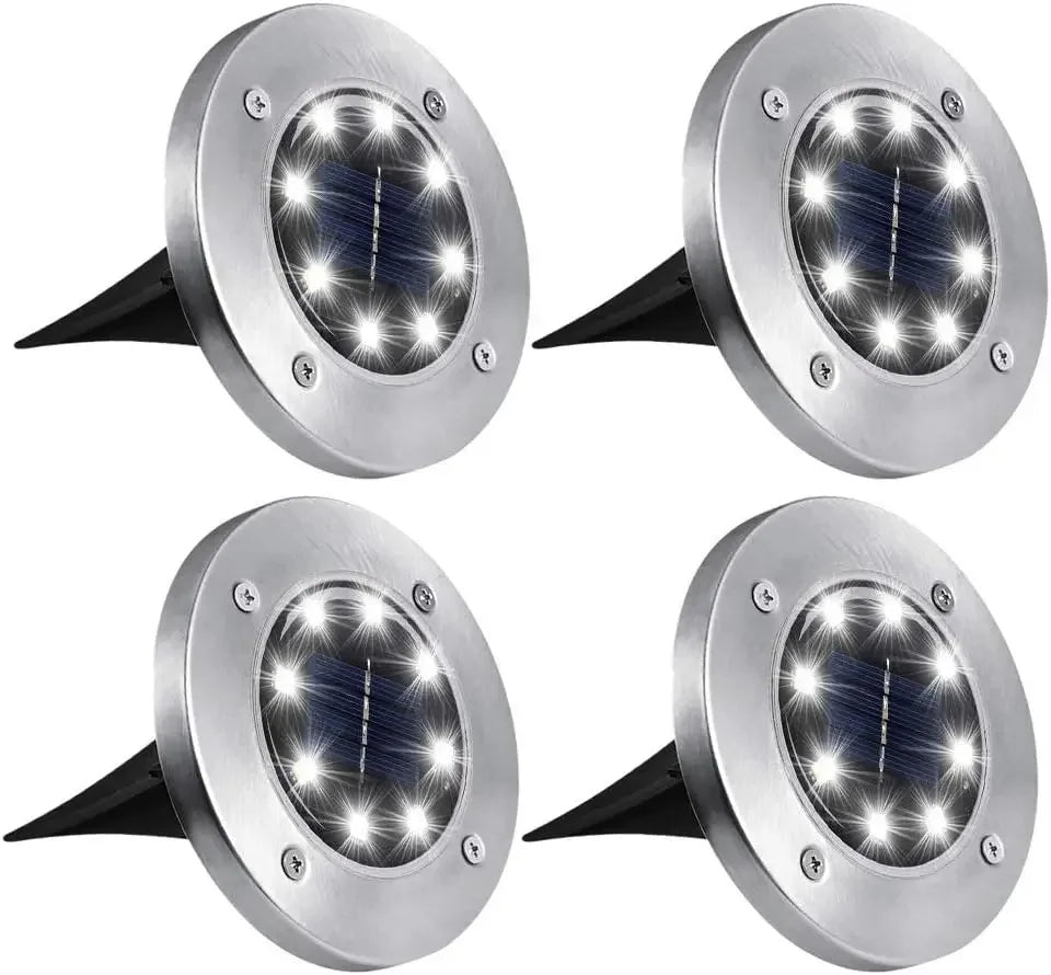 4 Pezzi Luci Solari Interrate a Disco 8LED | Acciaio Inox, Impermeabile, per Esterni | Luce da Giardino, Vialetto, Terrazzo