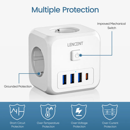 Extender Presa 7-in-1 - 3 USB + 1 Tipo C + 3 Prese EU con Interruttore