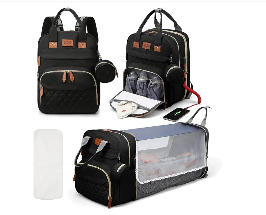 Zaino Pannolini 3in1 Impermeabile USB, Borsa Viaggio con Fasciatoio, 15 Tasche