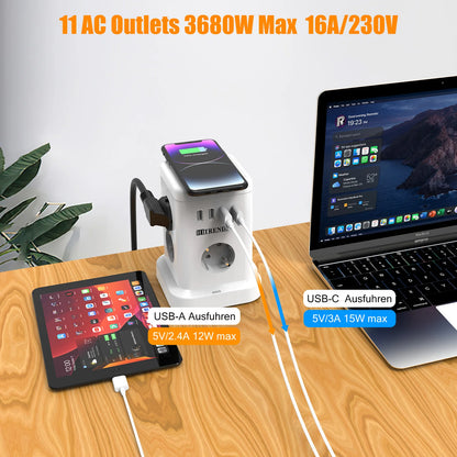 Ciabatta 11 Prese UE con Ricarica Wireless 15W, 4 USB, 2m