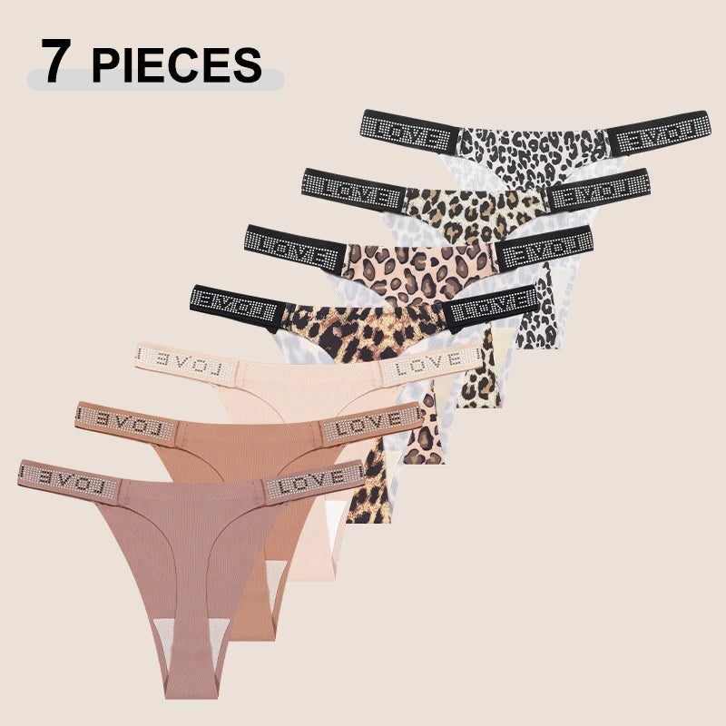 7 PERIZOMA LEOPARDO con LETTERA CRISTALLO - G-String Vita Bassa Senza Cuciture