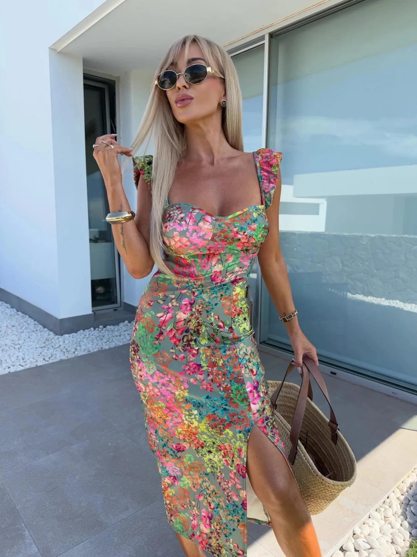 Vestito Midi Floreale Elegante - Abito Estate Donna con Spacco Laterale