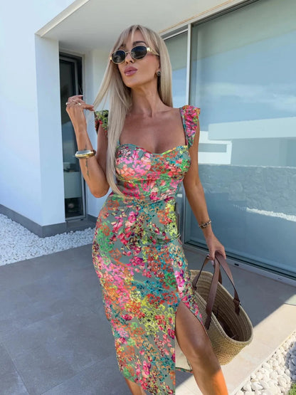 Vestito Midi Floreale Elegante - Abito Estate Donna con Spacco Laterale