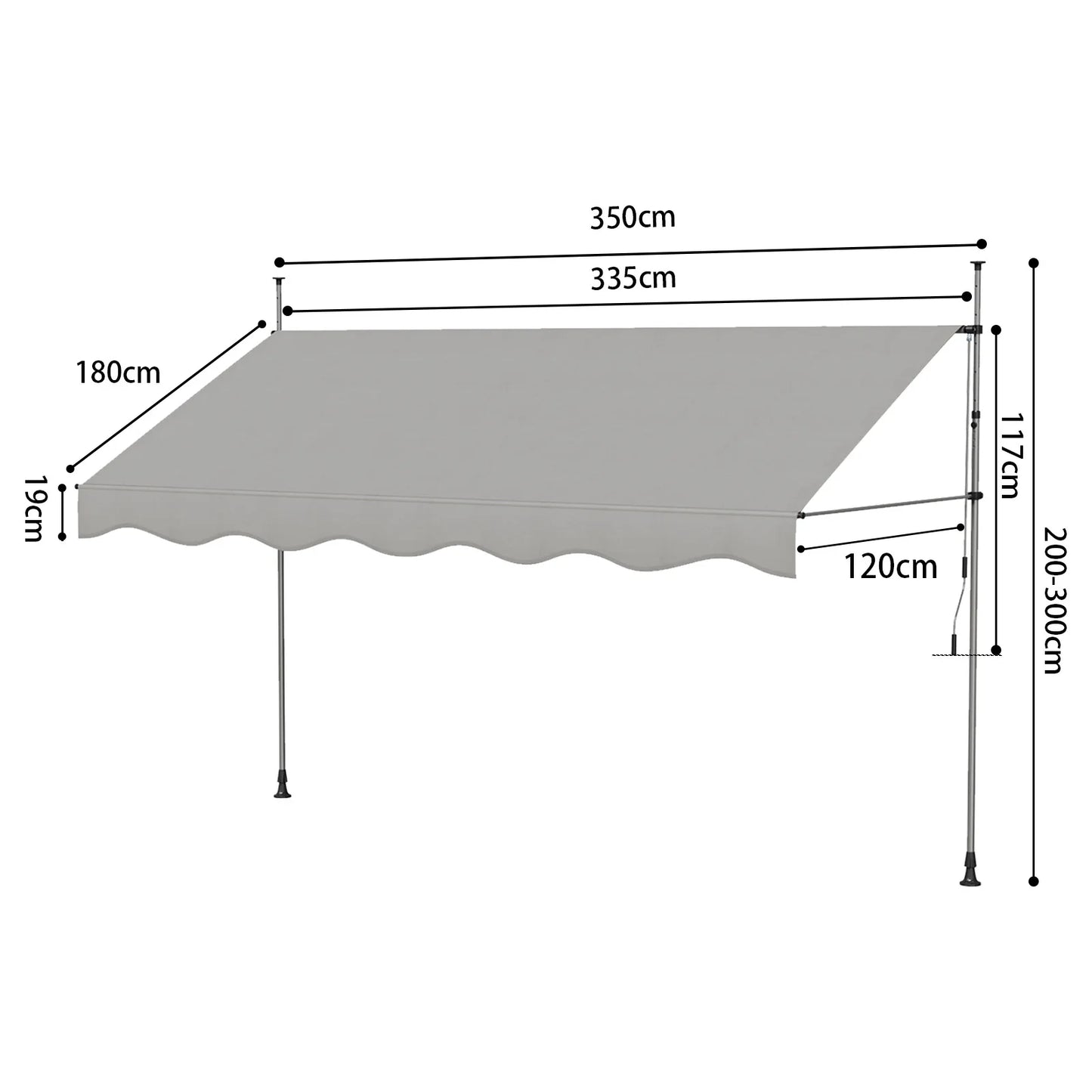Tenda da Sole Manuale con Manovella 350x120 cm Retrattile, Altezza Regolabile 200-300cm Senza Foratura per Balcone, Giardino