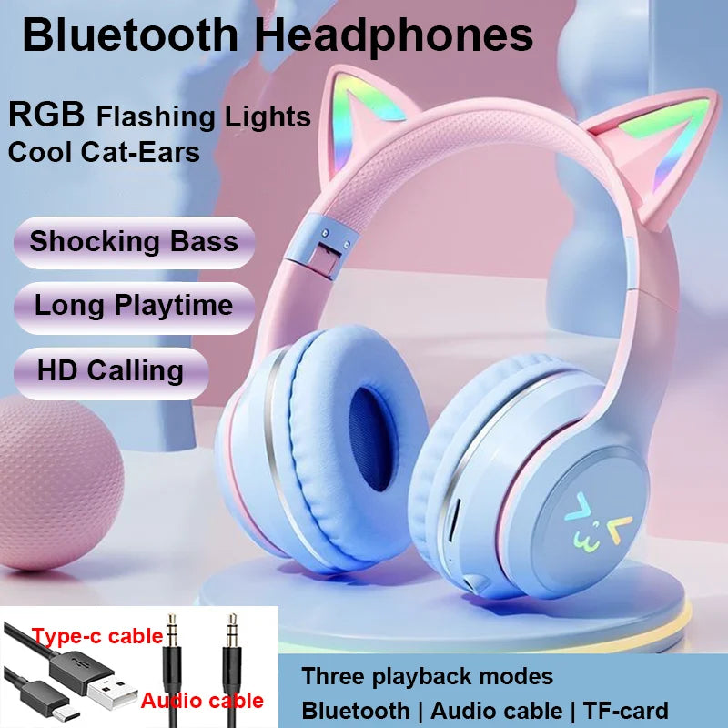 Cuffie Gatto Bluetooth 5.1 – Luci LED Colorate, Graziose Orecchie, Stereo HD
