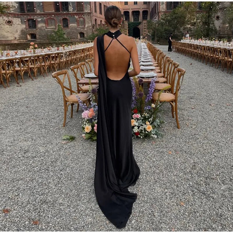 ABITO LUNGO ELEGANTE DONNA – Stile Senza Spalle con Schiena Nuda, Perfetto per l’Estate 2025!