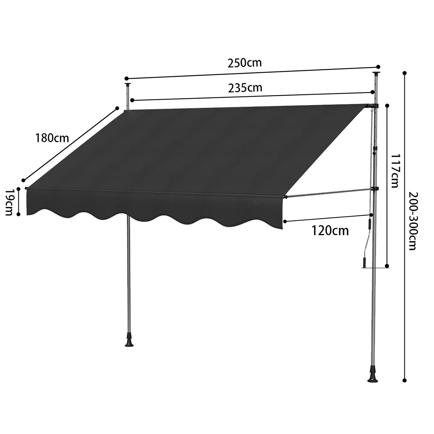 Tenda da Sole Manuale con Manovella 350x120 cm Retrattile, Altezza Regolabile 200-300cm Senza Foratura per Balcone, Giardino