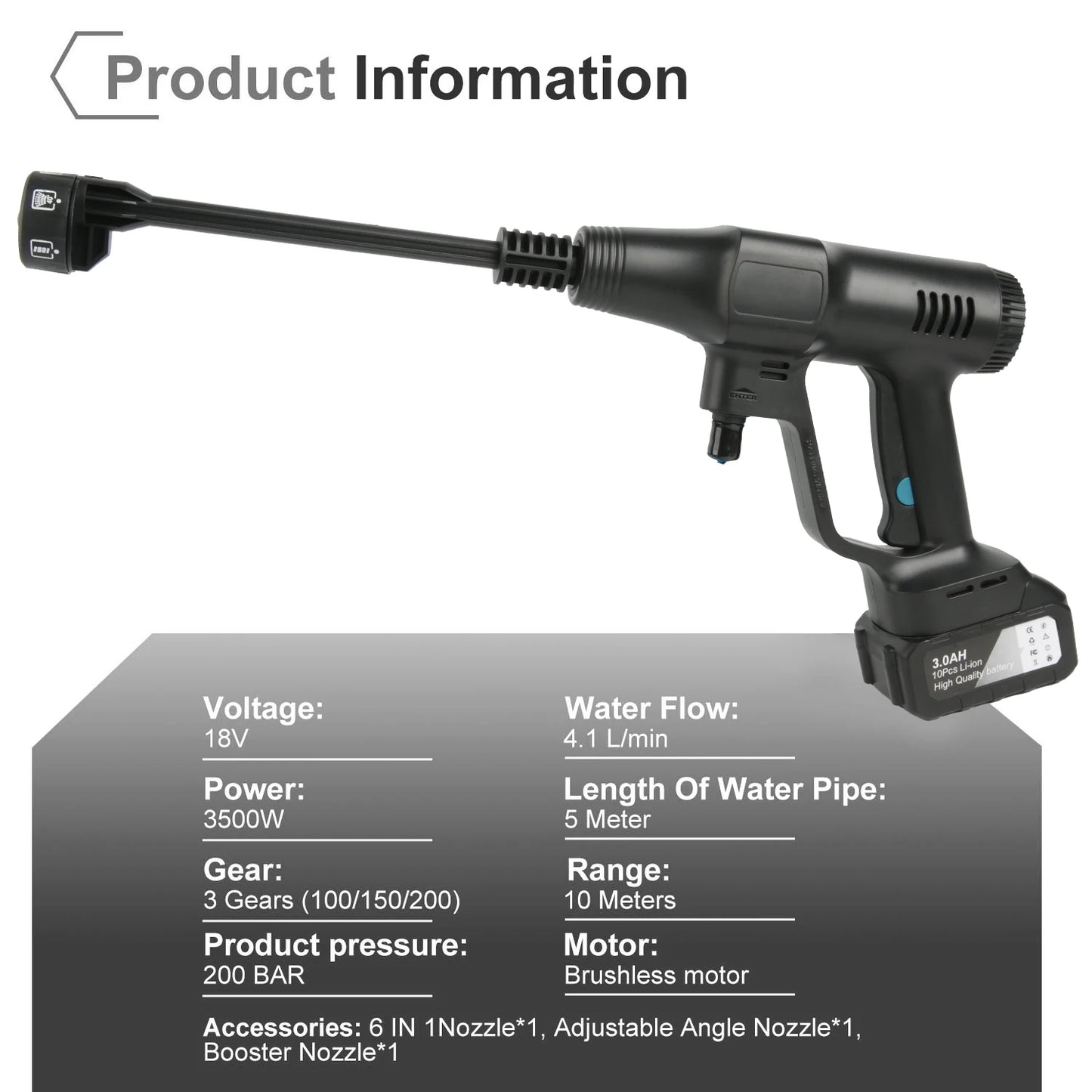 Idropulitrice 200 Bar Senza Spazzole  6 in 1 per Auto, Giardino  Batteria Makita 21V  Pistola Ad Alta Pressione Portatile