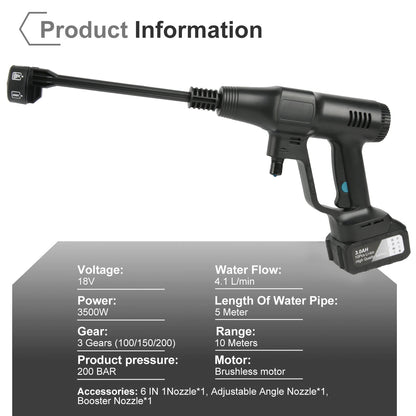 Idropulitrice 200 Bar Senza Spazzole  6 in 1 per Auto, Giardino  Batteria Makita 21V  Pistola Ad Alta Pressione Portatile