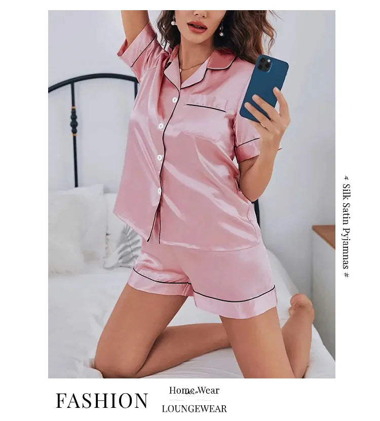 Pigiama Satin Donna - Top con Bottoni + Shorts - Set Notte Estat