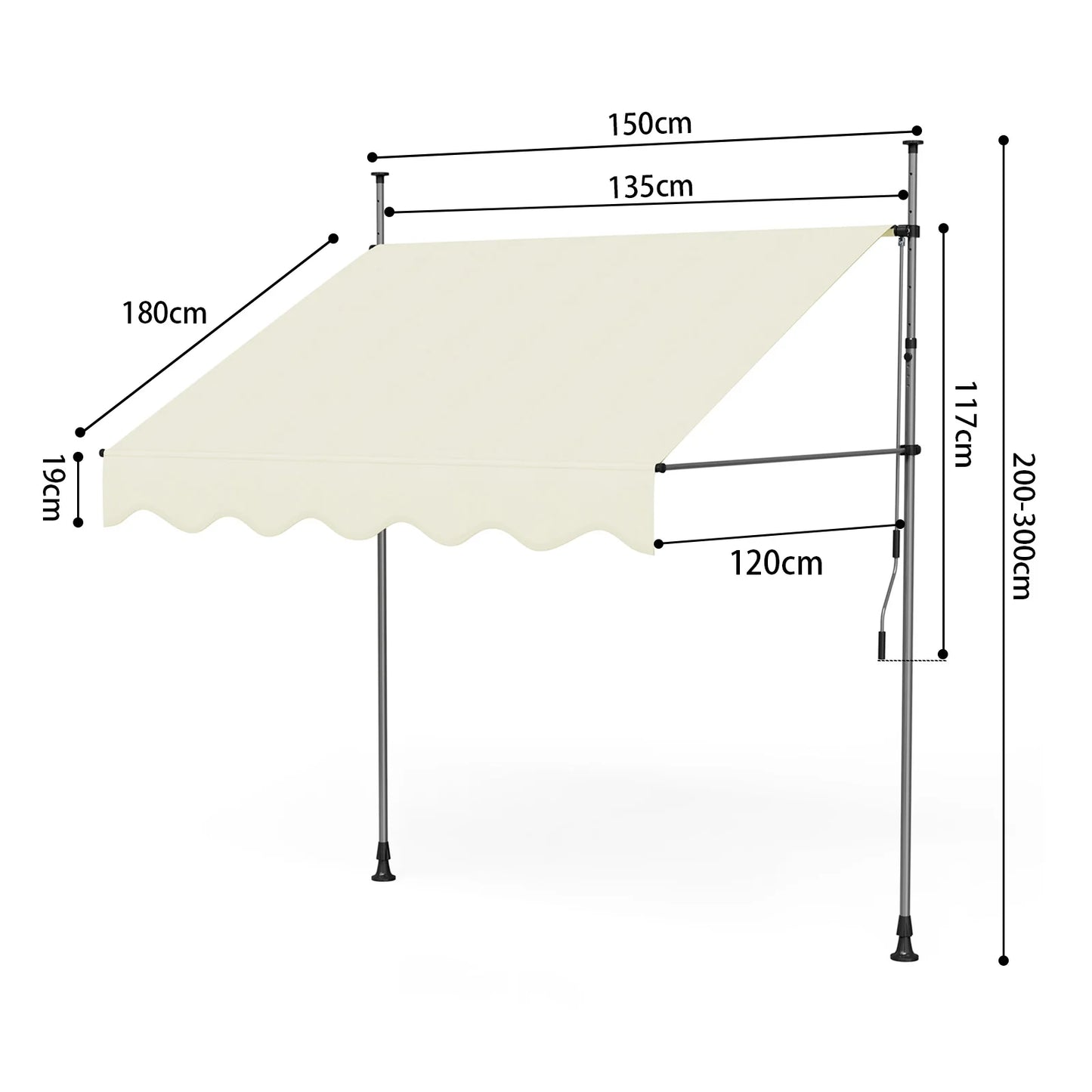 Tenda da Sole Manuale con Manovella 350x120 cm Retrattile, Altezza Regolabile 200-300cm Senza Foratura per Balcone, Giardino