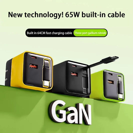 Caricatore 65W GaN 3 Porte | Cavo Retrattile Integrato | EU/US/UK Plug | per iPhone, Samsung, Laptop