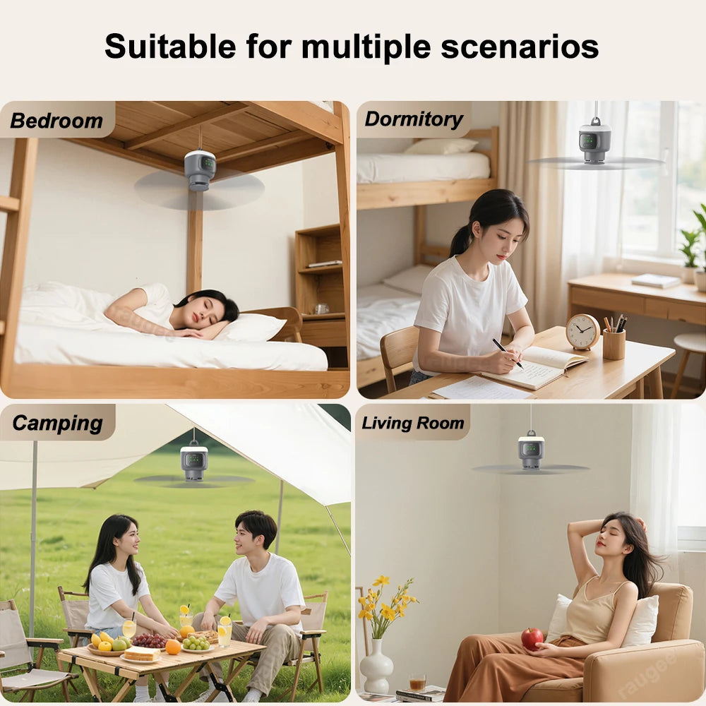 Ventilatore Soffitto Portatile 12000mAh - Ricaricabile, LED, Telecomando per Campeggio