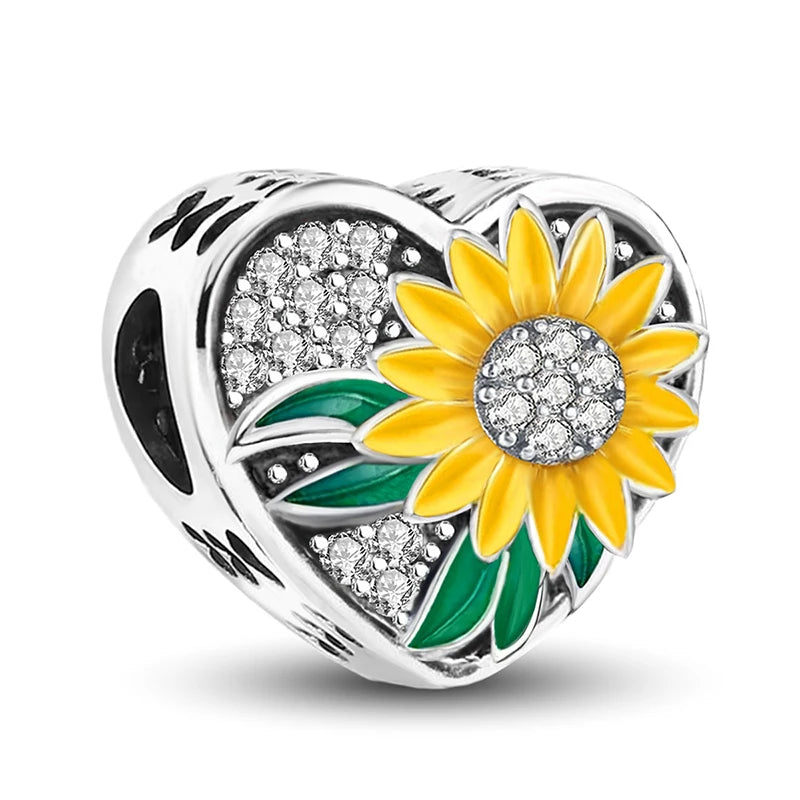 Perline Bracciale Argento 925 Sterling - Collezione Fiori Girasole e Rosa con Zirconi