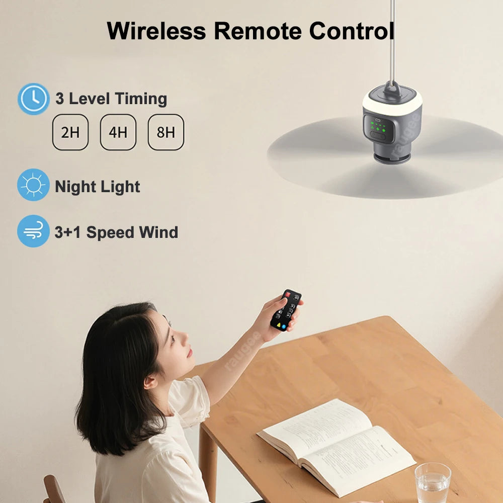 Ventilatore Soffitto Portatile 12000mAh - Ricaricabile, LED, Telecomando per Campeggio