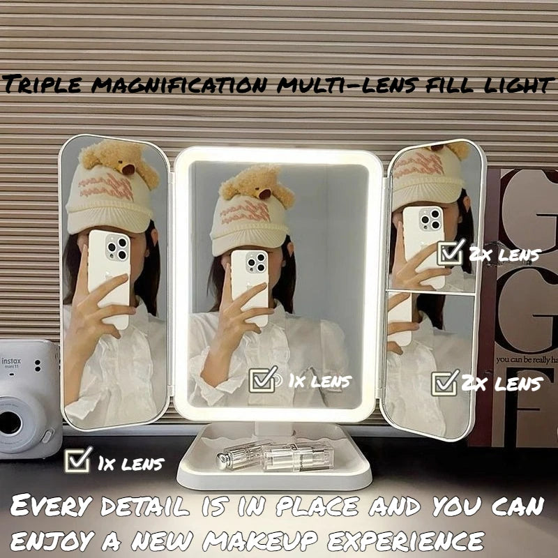 Specchio Trucco LED Triplo Portatile | Doppia Antina, Touch 3 Luci, Base 360° Rotante | Vanity Desktop