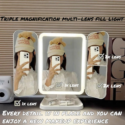 Specchio Trucco LED Triplo Portatile | Doppia Antina, Touch 3 Luci, Base 360° Rotante | Vanity Desktop