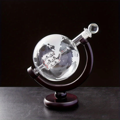 Set Decanter Globo 900ml + 2 Bicchieri Whisky - Supporto Legno, Senza Piombo