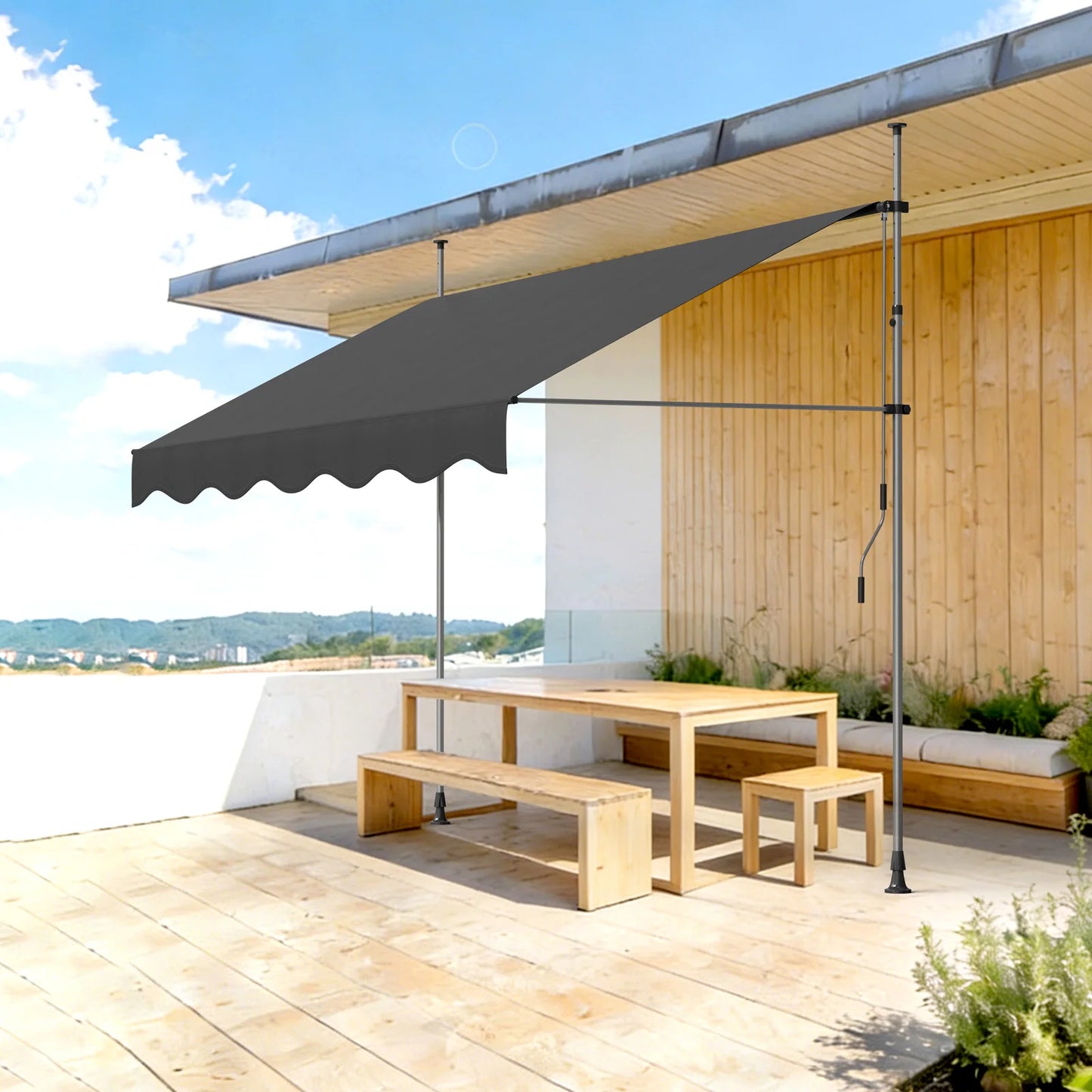Tenda da Sole Manuale con Manovella 350x120 cm Retrattile, Altezza Regolabile 200-300cm Senza Foratura per Balcone, Giardino
