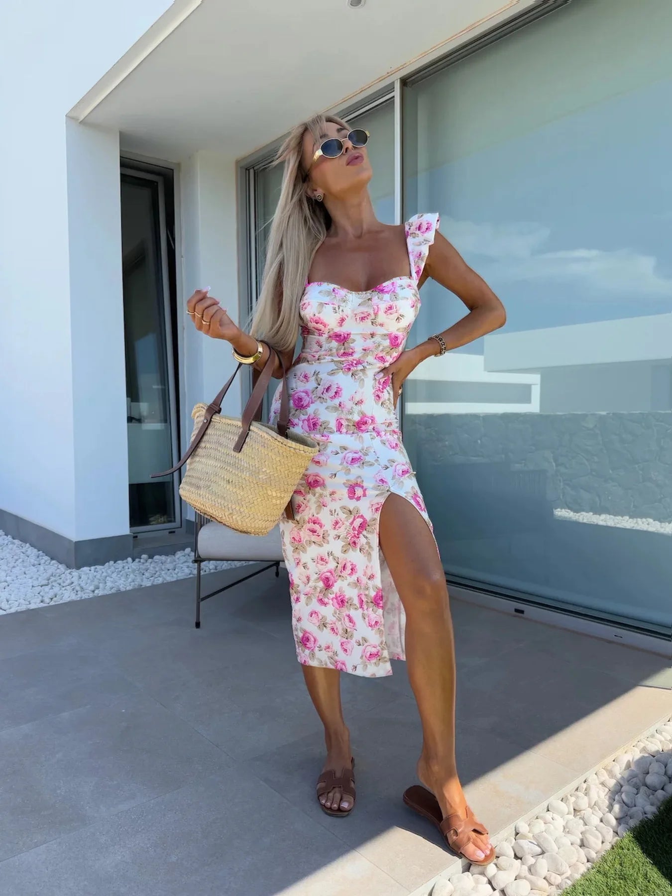 Vestito Midi Floreale Elegante - Abito Estate Donna con Spacco Laterale