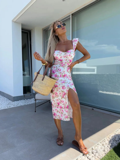 Vestito Midi Floreale Elegante - Abito Estate Donna con Spacco Laterale