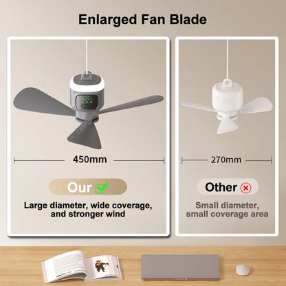 Ventilatore Soffitto Portatile 12000mAh - Ricaricabile, LED, Telecomando per Campeggio