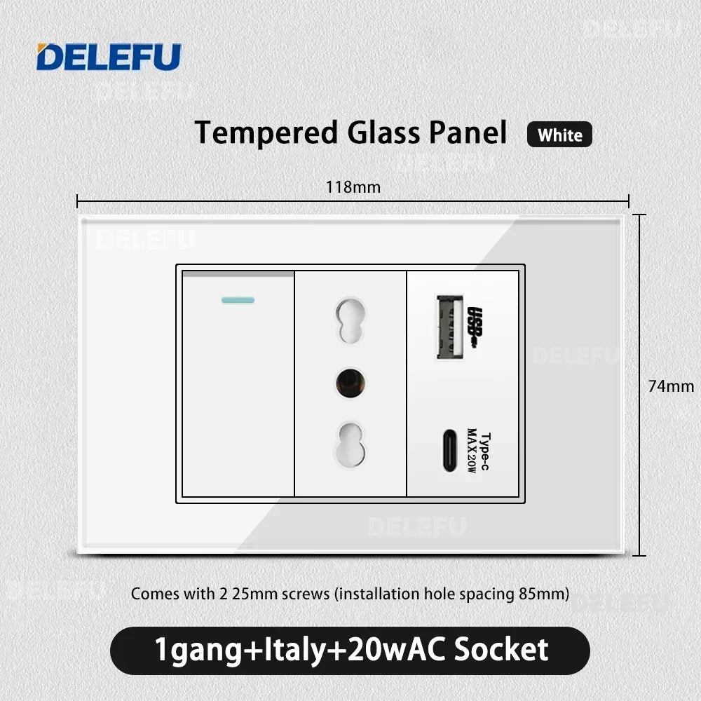 ⚡ Presa Muro Smart DELEFU - Vetro Temperato Bianco, USB Type-C, Ricarica Rapida 20W, Compatibile con Schuko Italia