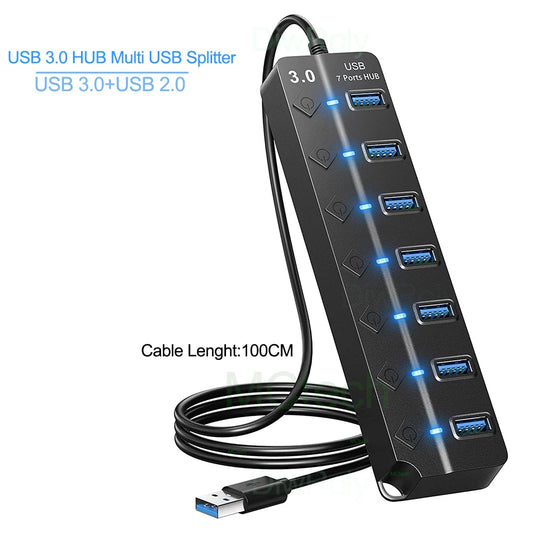 Hub USB 3.0 4/7 Porte con Interruttore e LED | Cavo 100cm, 5Gbps, Alimentato da BUS | Multi Splitter per Computer, Laptop, PC