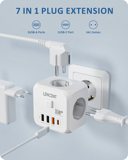Extender Presa 7-in-1 - 3 USB + 1 Tipo C + 3 Prese EU con Interruttore
