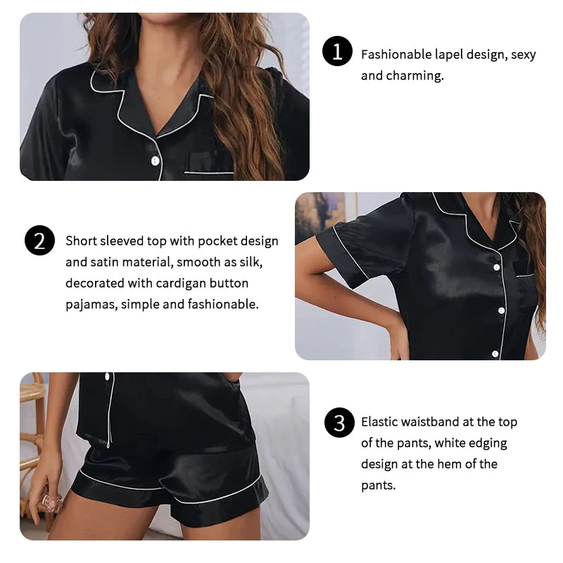 Pigiama Satin Donna - Top con Bottoni + Shorts - Set Notte Estat