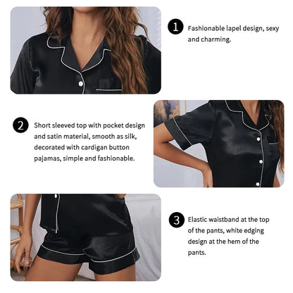 Pigiama Satin Donna - Top con Bottoni + Shorts - Set Notte Estat
