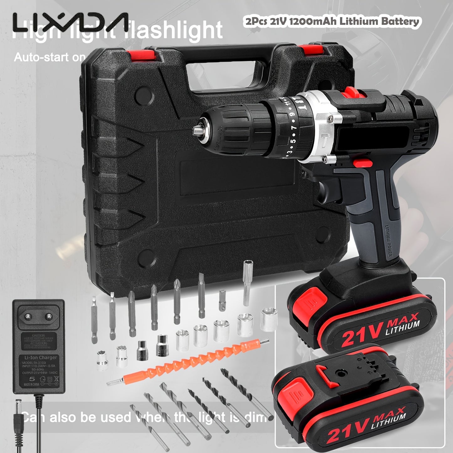 Kit Trapano Senza Fili Lixada 21V con 2 Batterie - 1450 RPM - Per Casa/Officina